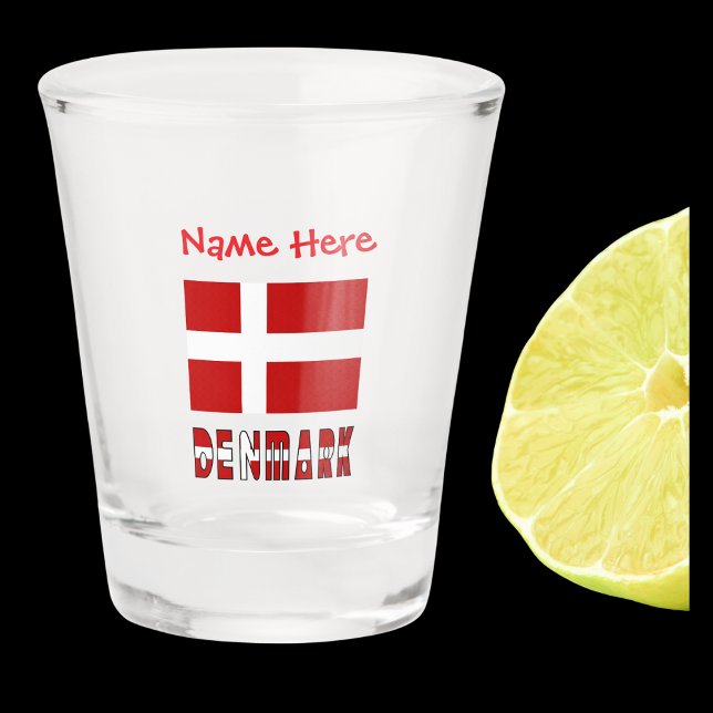 Denmark Danish Flag Red Personalised  Shot Glass (Shot glass has Danish Flag with the word DENMARK below in colors of flag. Add name above in red text)