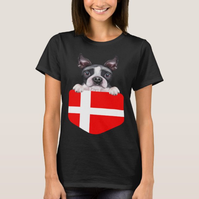 Denmark Flag Boston Terrier Dog In Pocket T-Shirt (Front)