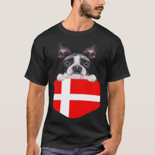 Denmark Flag Boston Terrier Dog In Pocket T-Shirt