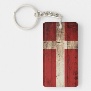 Denmark Flag on Old Wood Grain Key Ring