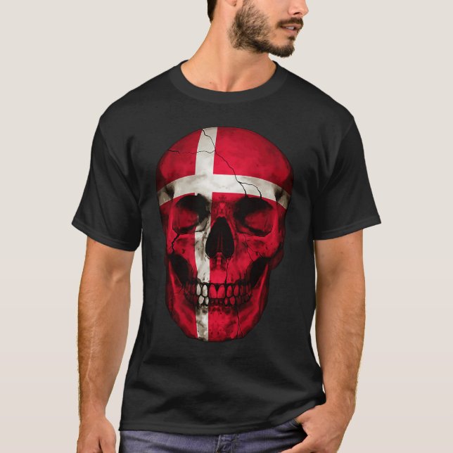 Denmark Flag Skull Danish Roots Proud Patriotic T-Shirt (Front)