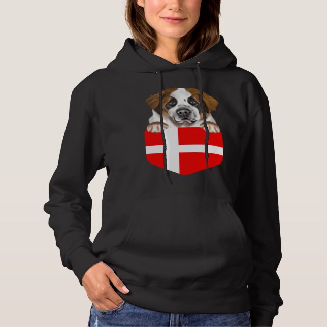 Denmark Flag St Bernard Dog In Pocket Hoodie (Front)