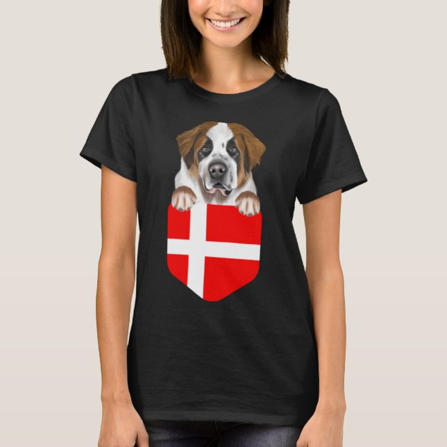 Denmark Flag St Bernard Dog In Pocket T-Shirt (Front)