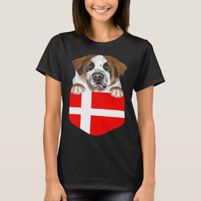 Denmark Flag St Bernard Dog In Pocket T-Shirt (Front)