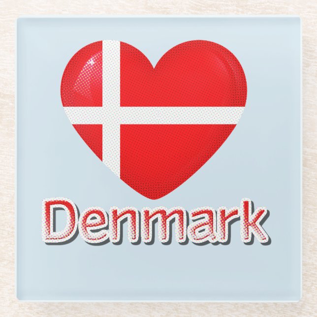 Denmark Pop Art Heart Flag  Glass Coaster (Front)
