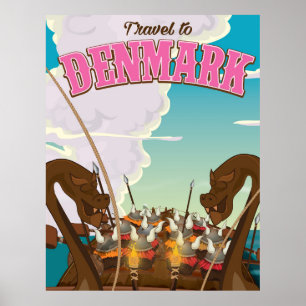 Denmark Vikings funny cartoon travel poster