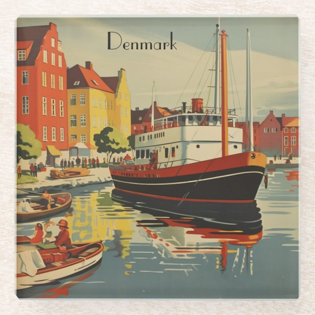 Denmark Vintage Travel Poster customisable Glass Coaster (Front)