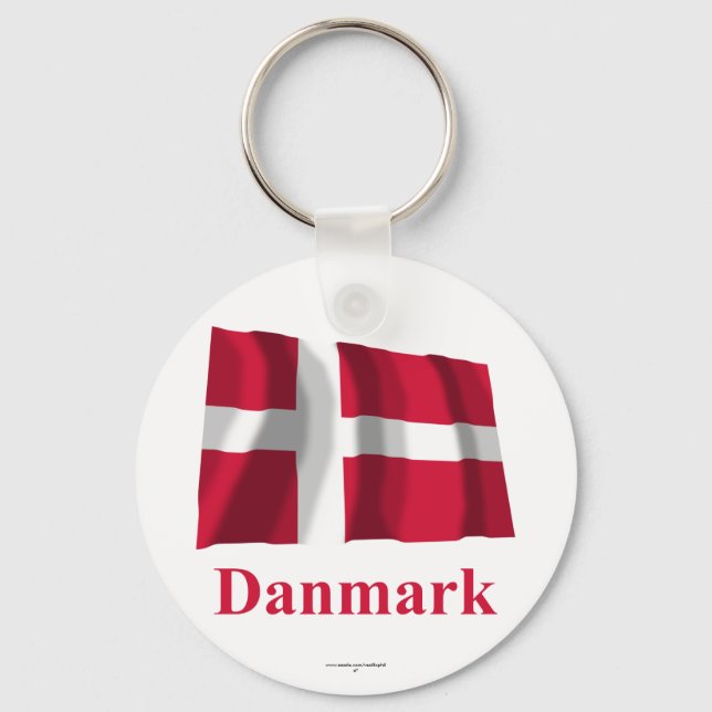 Denmark Waving Flag with Name in Danish Key Ring (Front)