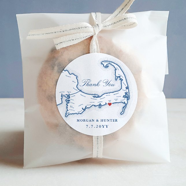 Dennis Port Cape Cod Map Thank You Wedding Favour Classic Round Sticker (Dennis Port MA Thank You wedding favor sticker label in elegant navy blue from Coastal Map Designs)
