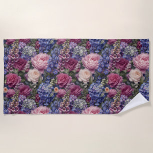 Dense English Garden Floral Arrangement Beach Towel