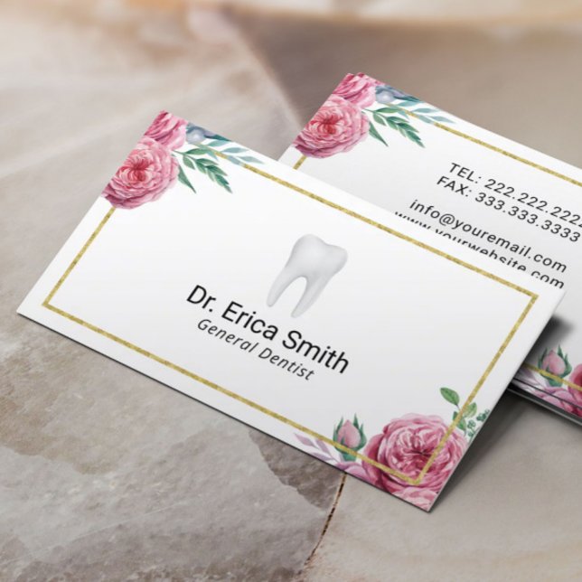 Dental Care Elegant Floral Gold Frame Dentist Business Card (Creator Uploaded)