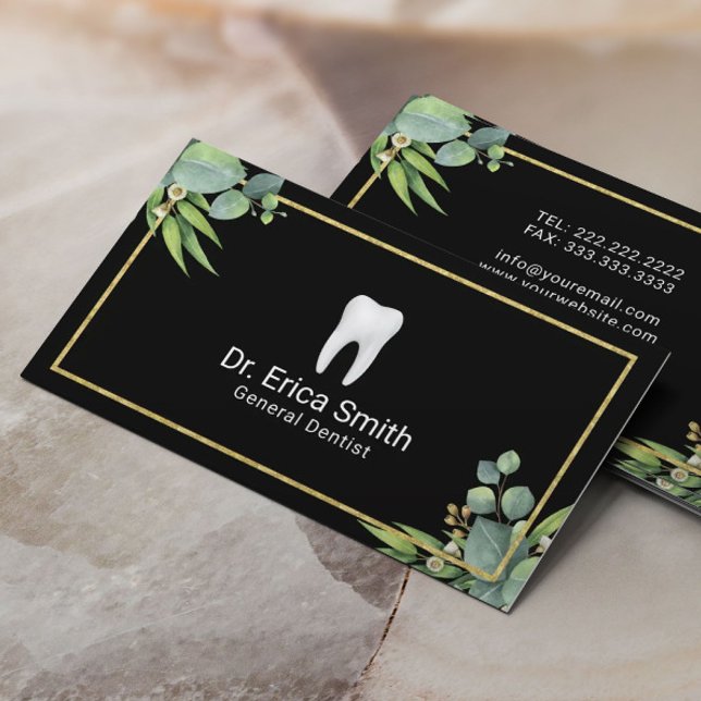 Dental Care Elegant Foliage Gold Frame Dentist Business Card (Creator Uploaded)