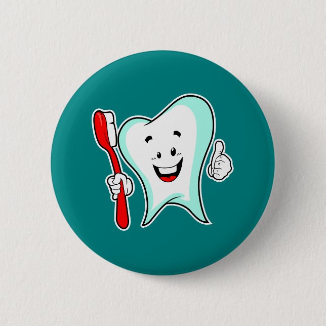 Dental Care Happy Tooth with Toothbrush 6 Cm Round Badge (Front)