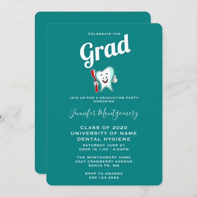 Dental Care Happy Tooth with Toothbrush Graduation Invitation (Front/Back)