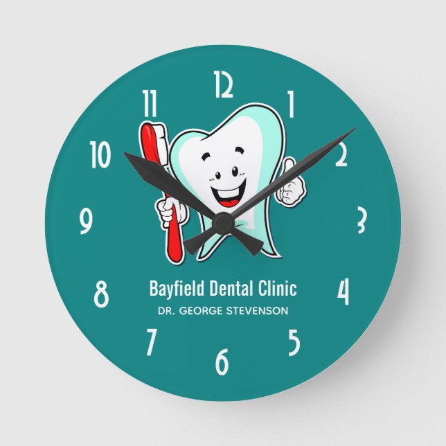 Dental Care Happy Tooth with Toothbrush Round Clock (Front)