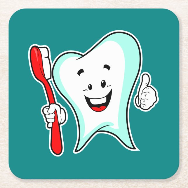 Dental Care Happy Tooth with Toothbrush Square Paper Coaster (Front)