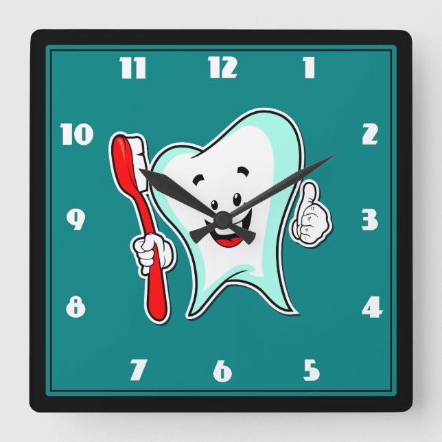 Dental Care Happy Tooth with Toothbrush Square Wall Clock (Front)
