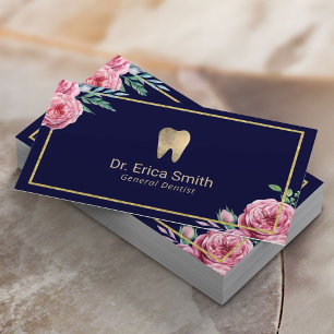 Dental Care Modern Navy & Gold Floral Dentist  Business Card