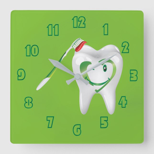 Dental Cartoon  Dentist Toothbrush 🦷 Funky Green Square Wall Clock (Front)
