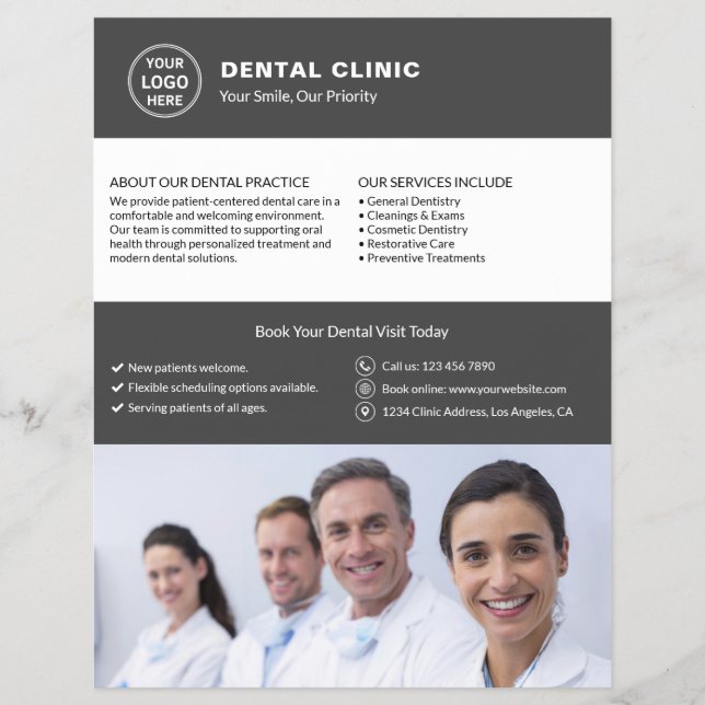 Dental Clinic Custom Logo Photo QR Grey Flyer (Front)