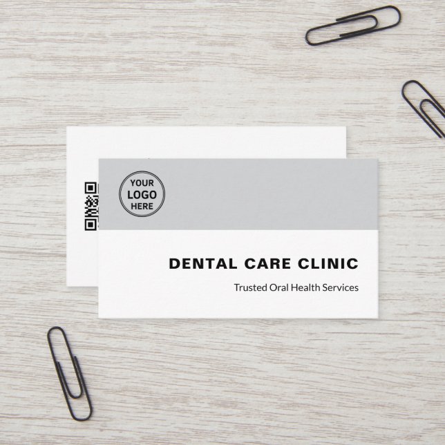 Dental Clinic Dentist Professional Logo QR Gray Business Card (Front/Back In Situ)