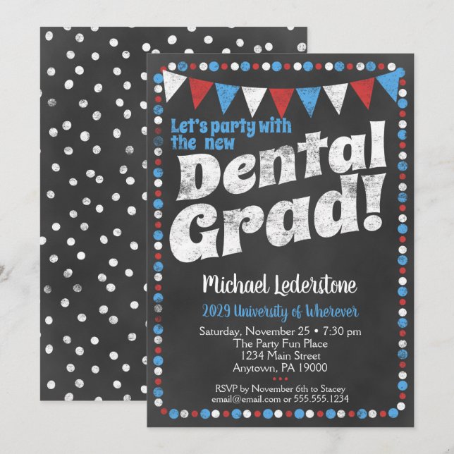 Dental Graduation Party Invitation Red Blue (Front/Back)
