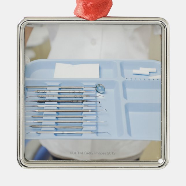Dental hygienist  holding tray of dental metal tree decoration (Front)