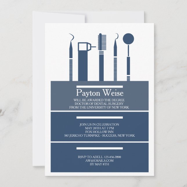 Dental Instruments Graduation Navy Blue Invitation (Front)
