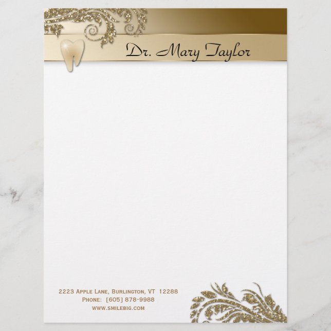 Dental Letterhead Molar Stationery Gold Leaves Template (Front)