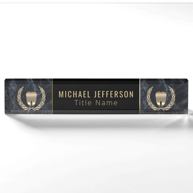 Dental Office  - Black Marble, Black & Gold Nameplate (Front)