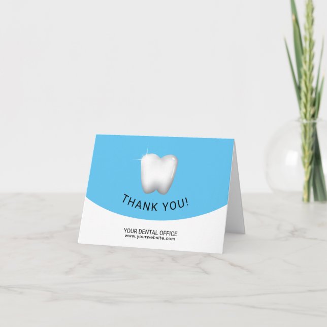 Dental Office Dentist White Tooth Blue Thank You Card (Front)