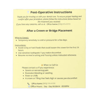  Dental Post Op Instructions (Crown or Bridge) Notepad