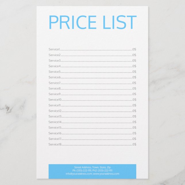 Dental Practice Dentist Simple Price List Stationery (Front)