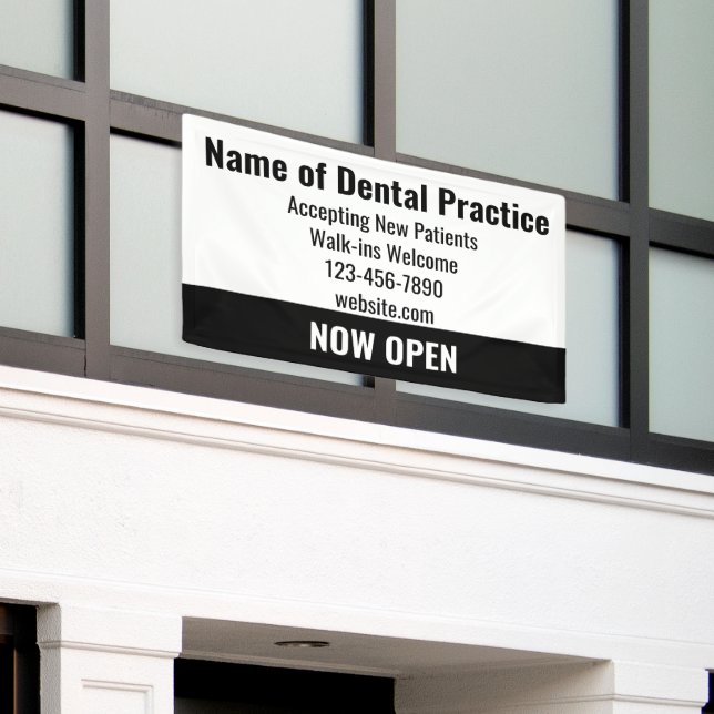 Dental Practice Now Open Walk-ins Welcome White Banner (Outside Building)