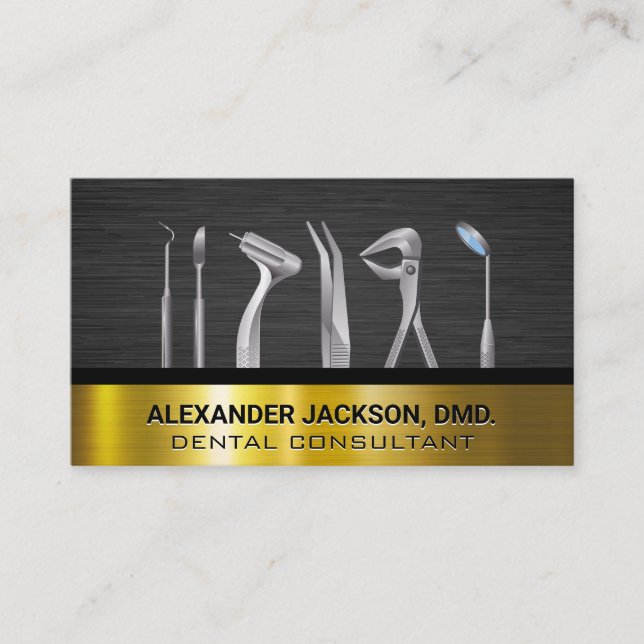 Dental Tools | Gold Dark Metallic  Business Card (Front)