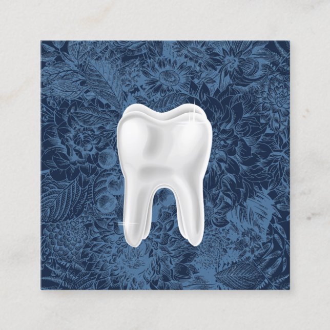 Dentist 3D White Tooth Dental Clinic Blue Floral Square Business Card (Front)