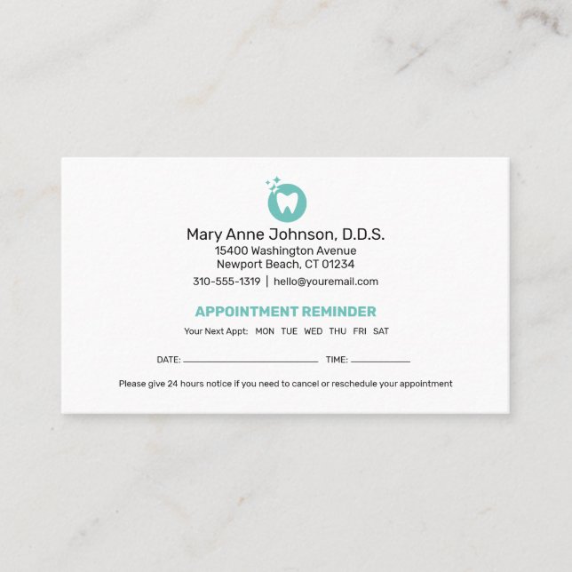 Dentist Appointment Reminder | Dental Office  Busi Business Card (Front)