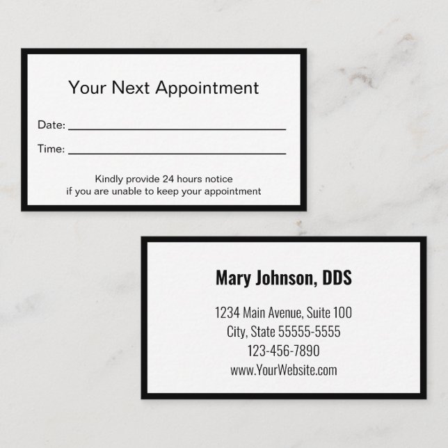 Dentist Black and White Appointment Reminder Card (Front/Back)