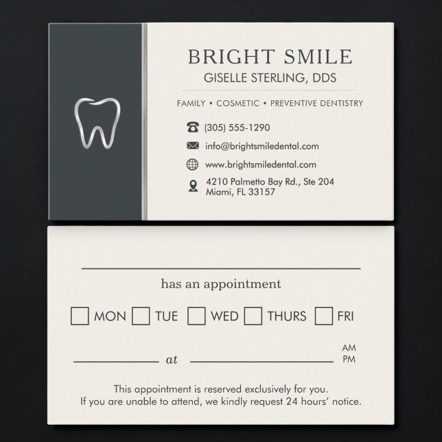 Dentist Black Silver Metallic Tooth Appointment Business Card (Creator Uploaded)
