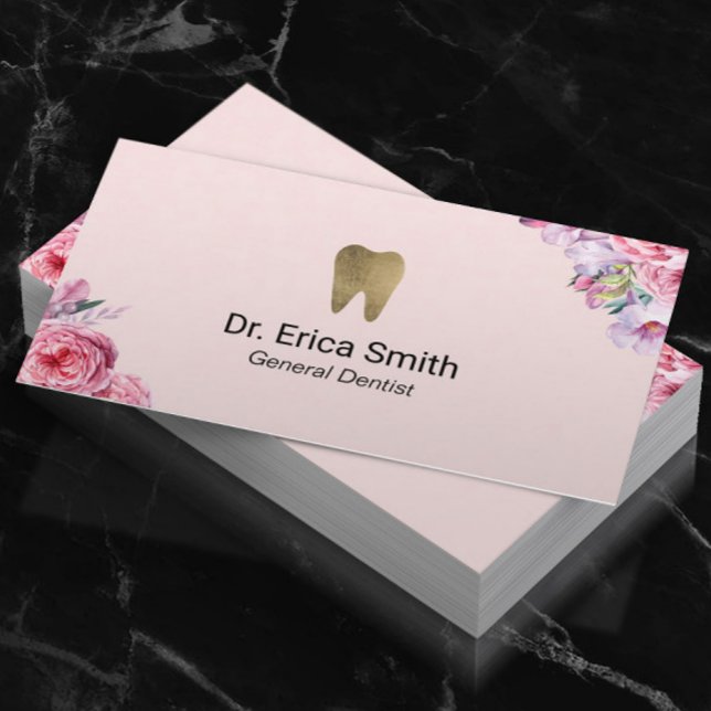 Dentist Blush Pink Floral Gold Tooth Dental Care Business Card (Creator Uploaded)