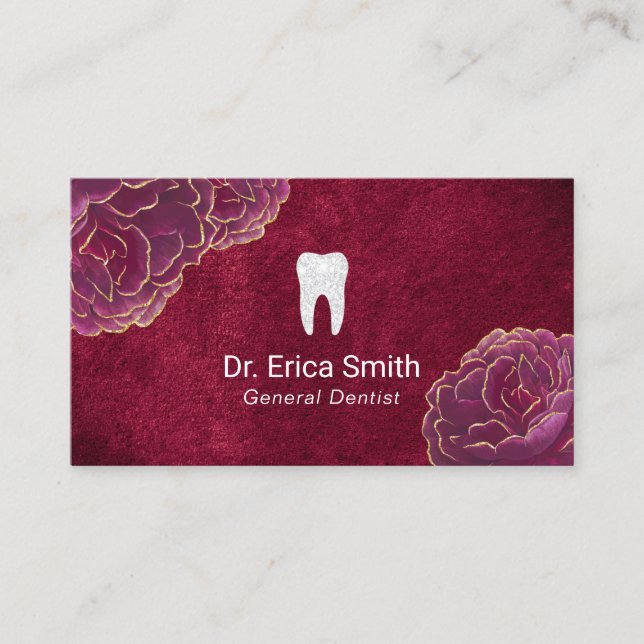 Dentist Burgundy Floral Red Velvet Dental Care Business Card (Front)