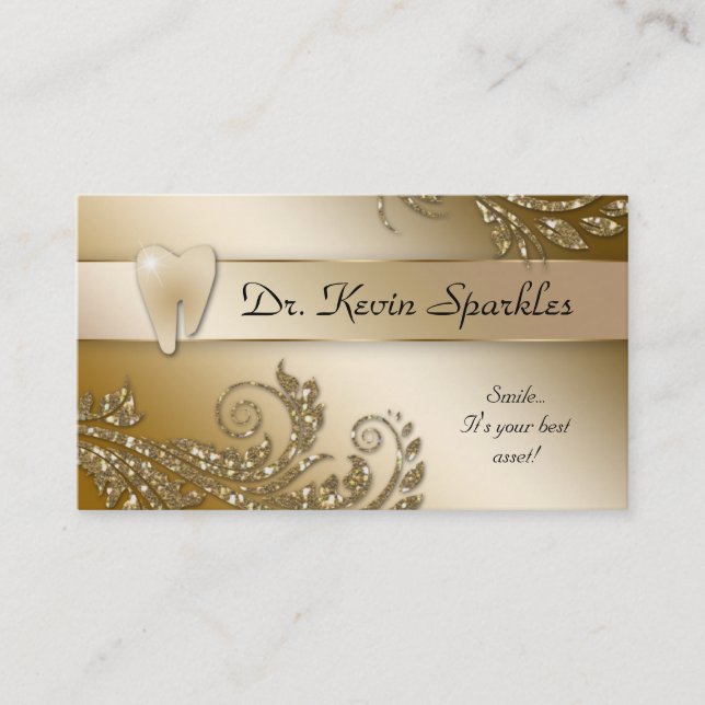 Dentist Business Card Gold Sparkle Leaf Tooth Logo (Front)
