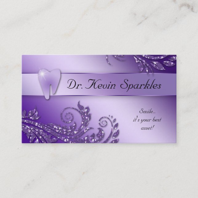 Dentist Business Card Purple Sparkle Leaf Tooth (Front)