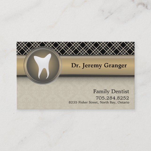 Dentist Business Card - Tooth Vintage Beige & Gold (Front)