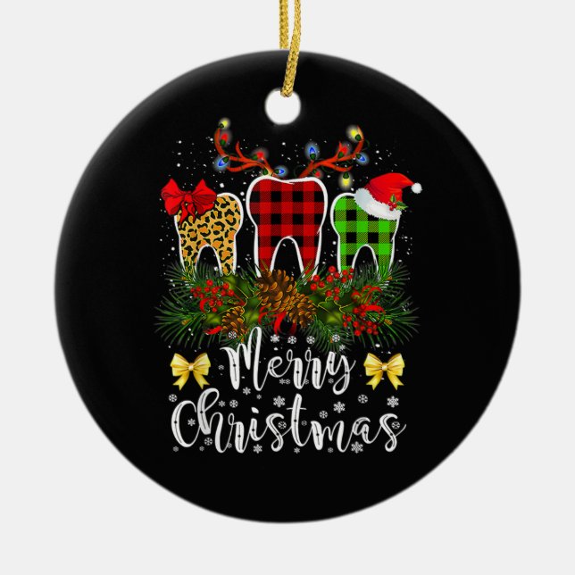 Dentist Christmas Funny Leopard Plaid Tooths Denta Ceramic Tree Decoration (Front)