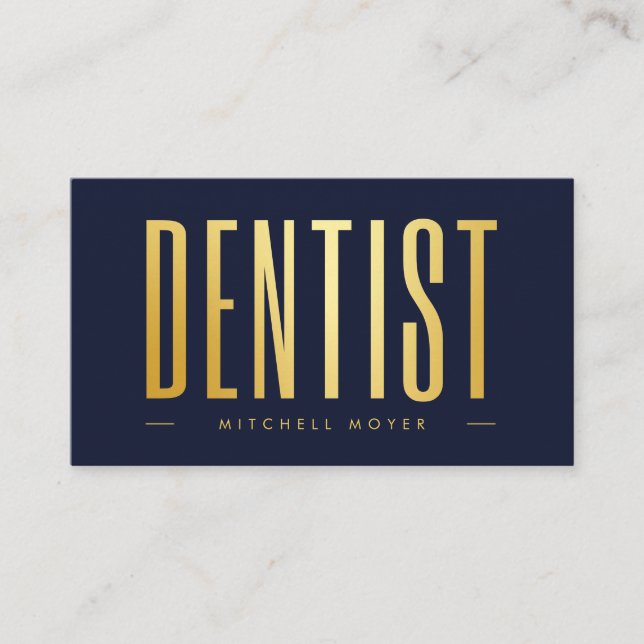 Dentist Dentistry Tooth Logo Navy Blue and gold Business Card (Front)
