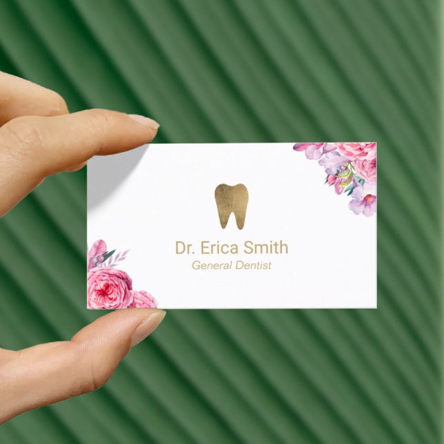 Dentist Elegant Floral Gold Tooth Dental Care Business Card (Creator Uploaded)
