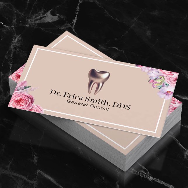 Dentist Elegant Floral Rose Gold Tooth Dental Care Business Card (Creator Uploaded)