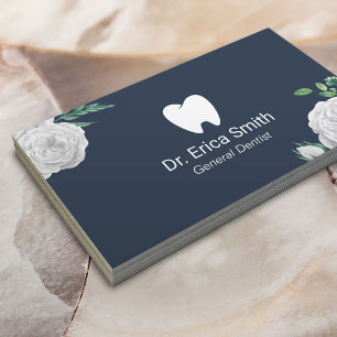 Dentist Elegant White Floral Dental Care Navy Blue Business Card