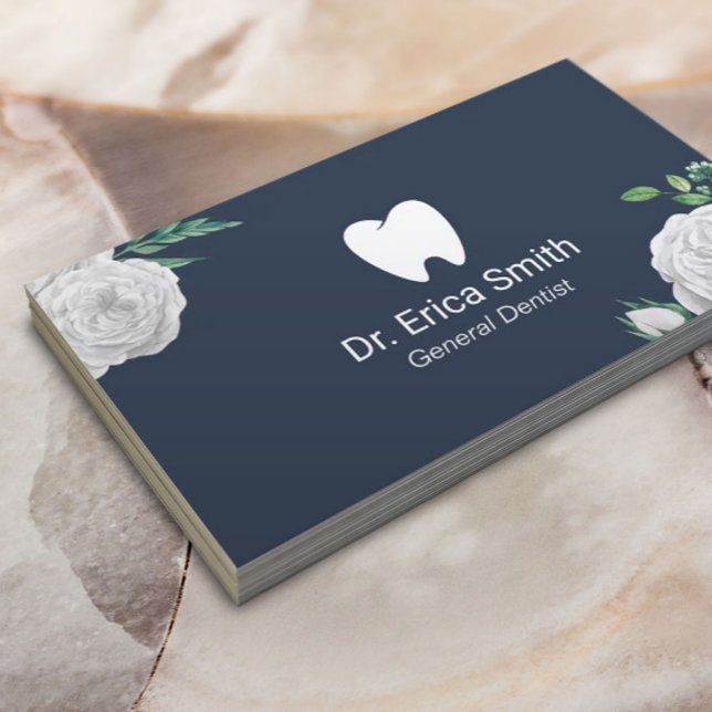 Dentist Elegant White Floral Dental Care Navy Blue Business Card (Creator Uploaded)